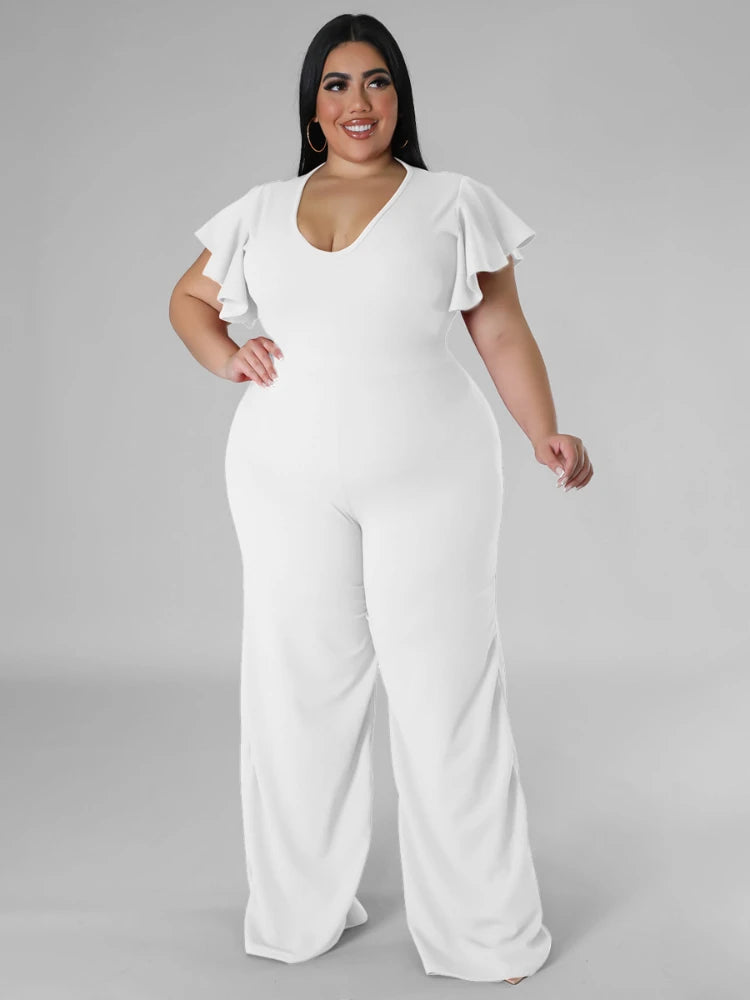 Plus Size Jumpsuits V Neck Short Ruffles High Waist Black White Package Hip Wide Leg Rompers Pants Overalls 4XL One Piece Outfit