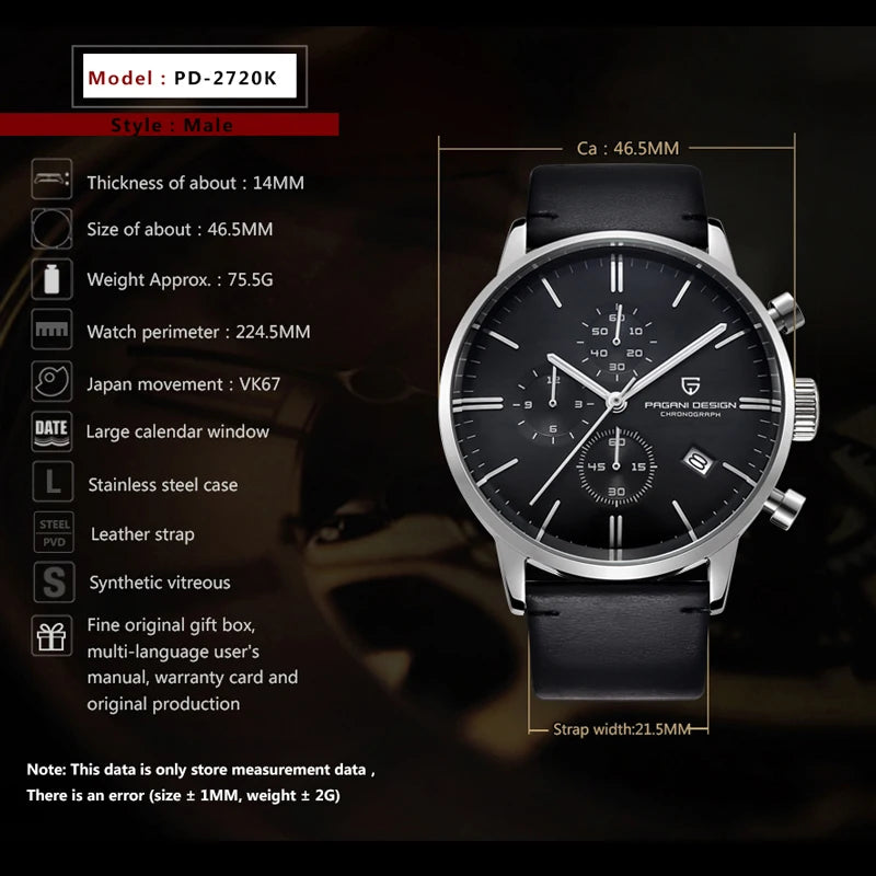 2024 New PAGANI DESIGN Brand Luxury Watches For Men Automatic Date Watch Waterproof Chronograph VK67 Movement Relogio Masculino