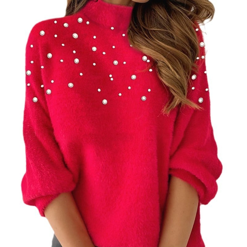 Women's Clothing Beaded Turtleneck Long-sleeved Top