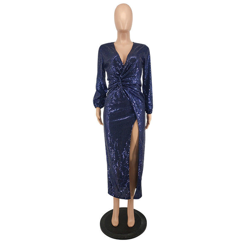Spring New Embroidered Sequin Sexy Long Sleeve Dress