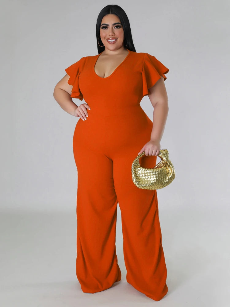 Plus Size Jumpsuits V Neck Short Ruffles High Waist Black White Package Hip Wide Leg Rompers Pants Overalls 4XL One Piece Outfit