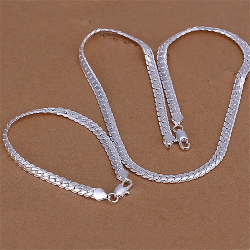 925 Sterling Silver Christmas Gifts European Style Retro 6MM Flat Chain Necklace Bracelets Fashion For Man Women Jewelry Sets