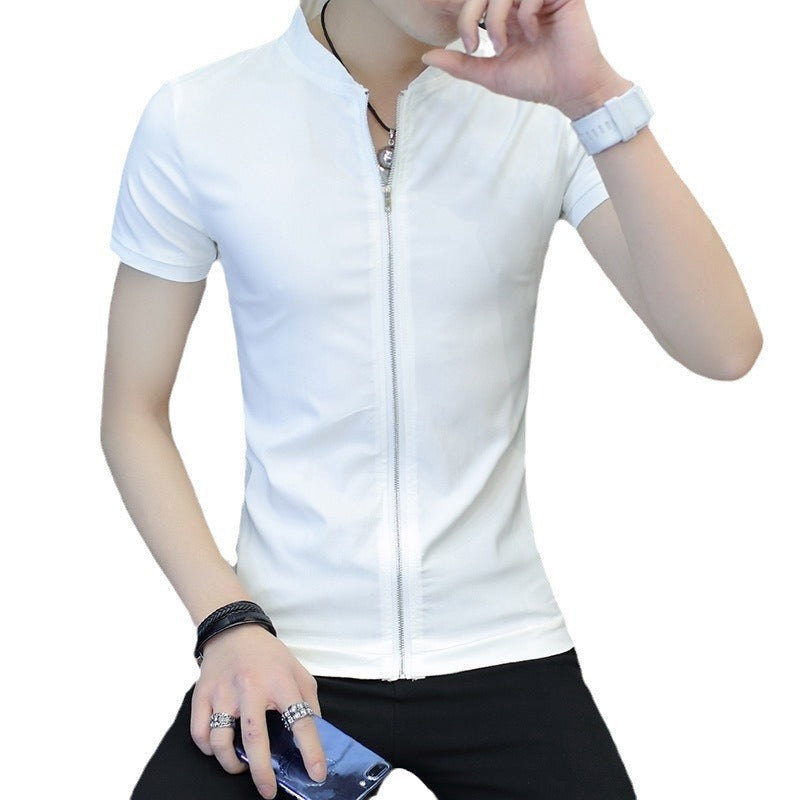 Men's Short Sleeve Stand Collar Shirt Teenagers Slim-fit Cardigan
