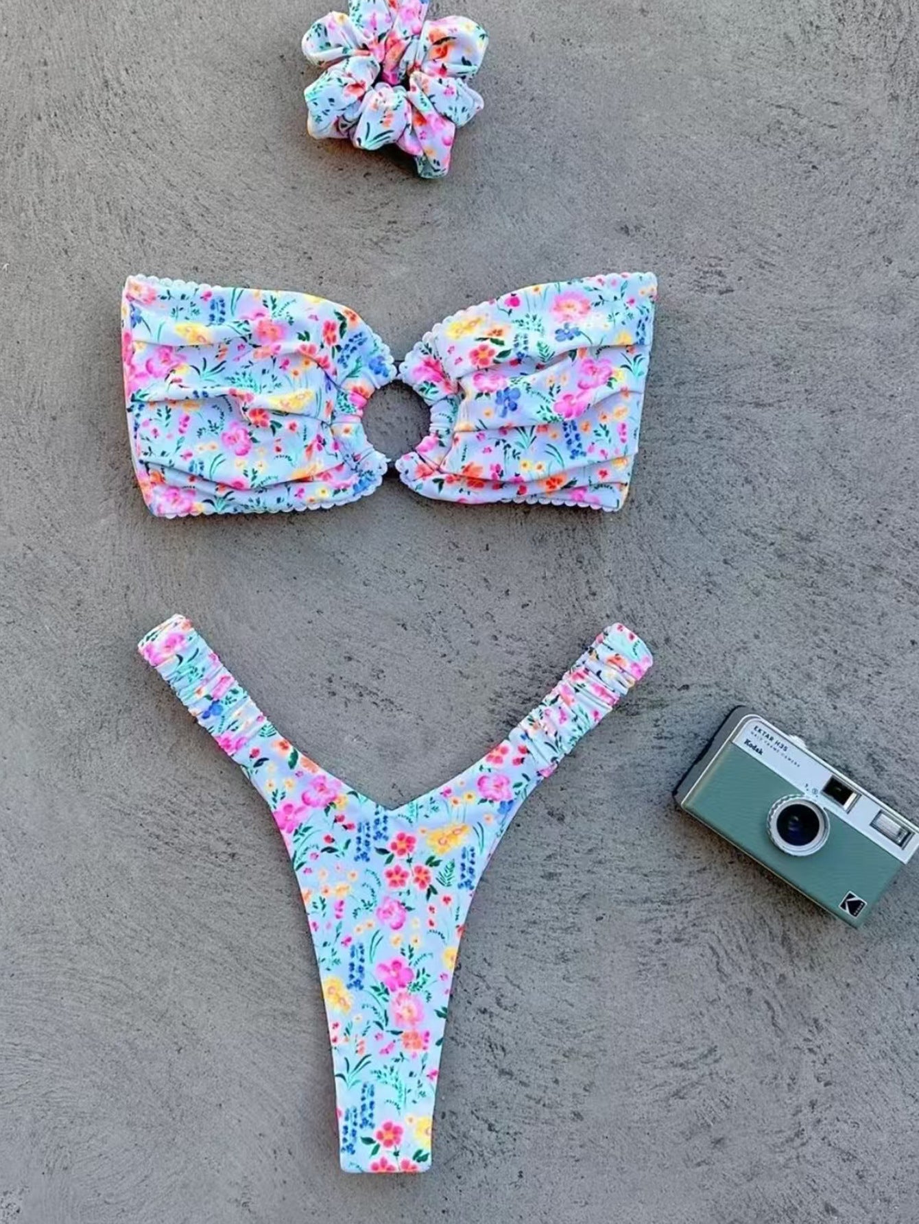 New-style Ring Pleated Digital Printing Split Swimsuit