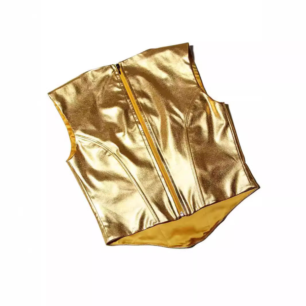 Women's Gold Spaghetti-strap Slim Fishbone Short Top