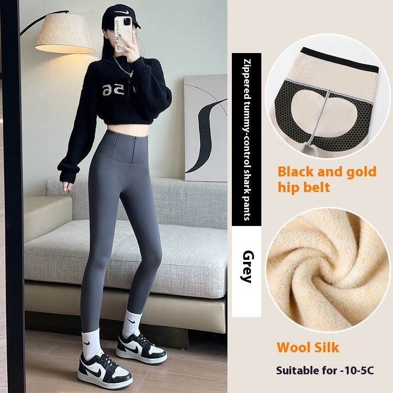 Belly-controlling Butt Lifting Leggings With Three-breasted Design Winter High Waist Slim Zippere Pants Warm Velvet And Thickened Trousers For Women