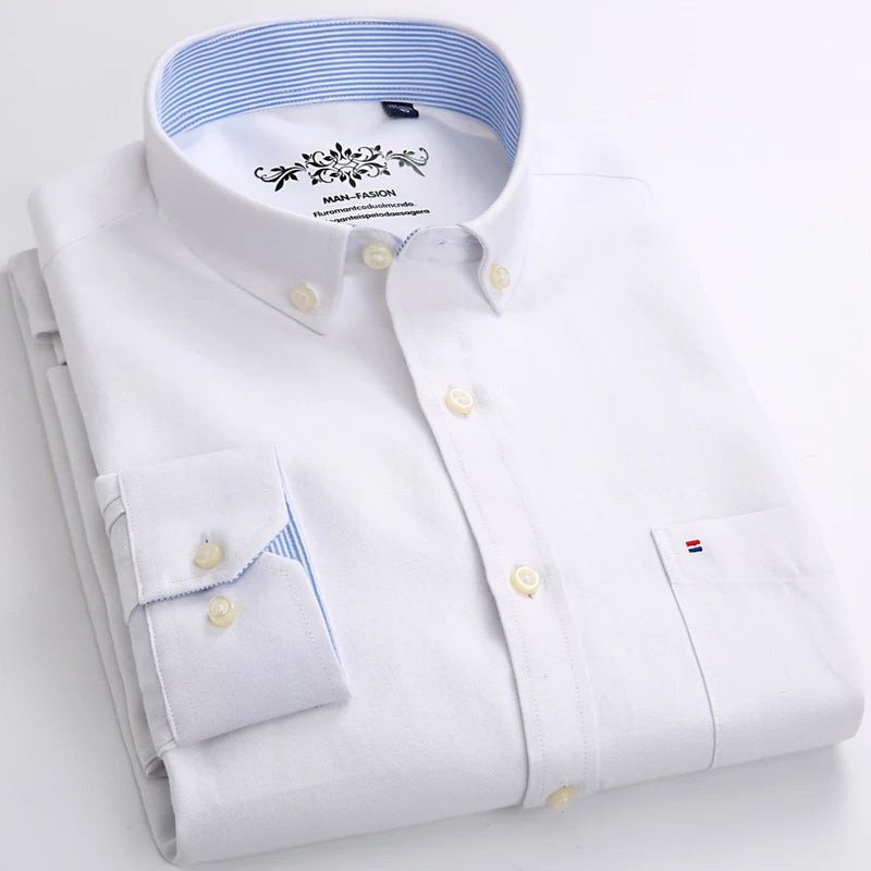 Men's Long Sleeve Oxford Plaid Striped Work Casual Shirt with Pocket, Spring Autumn Cotton Blend Regular-fit Button-down Shirts
