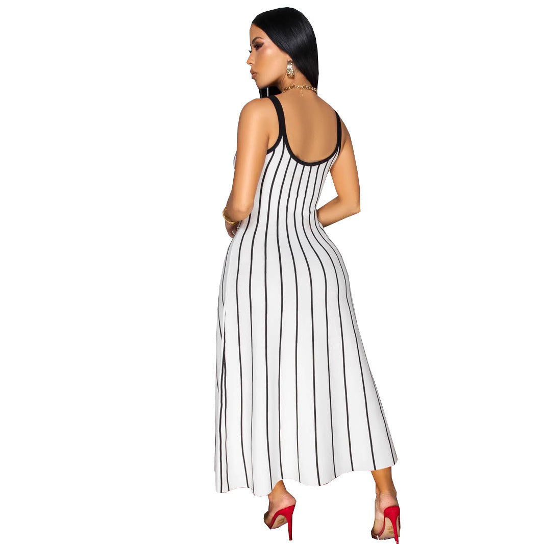 Retro Spaghetti Straps Striped Stitching Dress