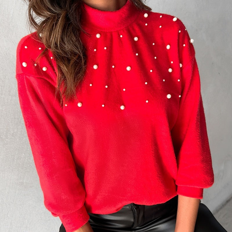 Women's Clothing Beaded Turtleneck Long-sleeved Top