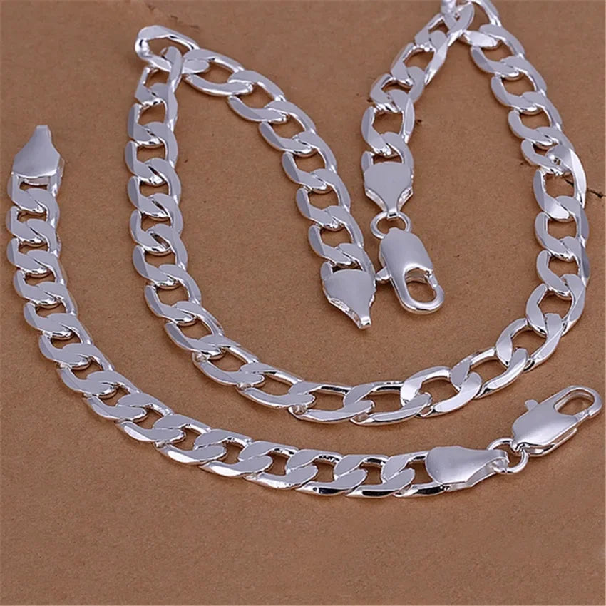 Classic Men 12mm Chain 925 Sterling Silver Bracelets Necklace Jewelry Set 18-30 Inches Charm Fine Fashion Party Wedding Gift