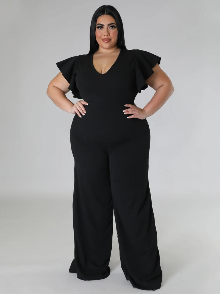 Plus Size Jumpsuits V Neck Short Ruffles High Waist Black White Package Hip Wide Leg Rompers Pants Overalls 4XL One Piece Outfit