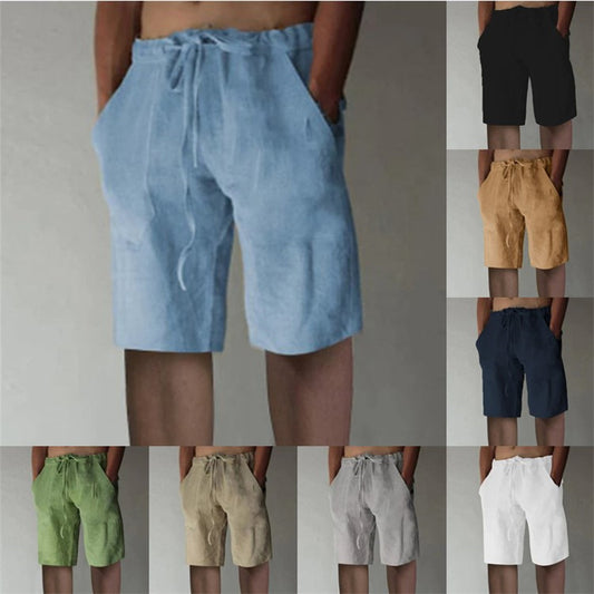 Men's Summer Solid Color Drawstring Cotton Linen Loose Casual Shorts