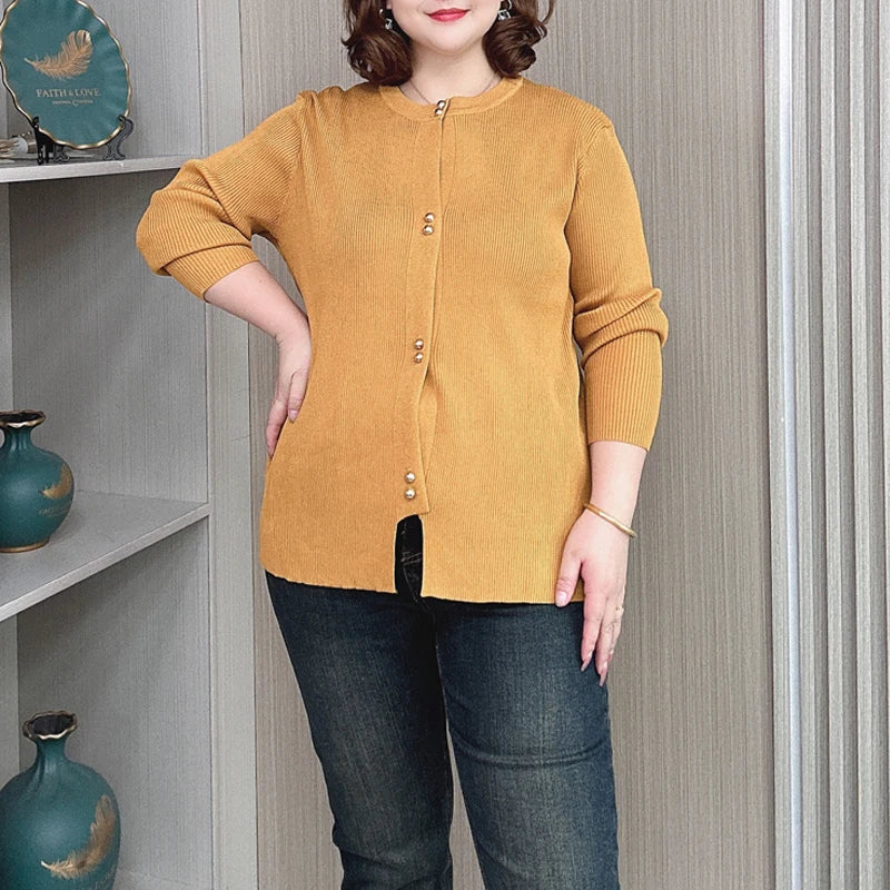 Plus Size Knit Cardigan Female Loose Autumn Winter New Jumpers Copper Buttons Long Sleeve Sweater 6688