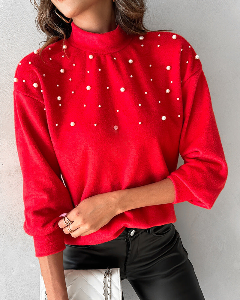 Women's Clothing Beaded Turtleneck Long-sleeved Top