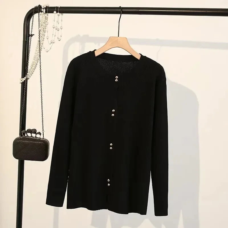 Plus Size Knit Cardigan Female Loose Autumn Winter New Jumpers Copper Buttons Long Sleeve Sweater 6688