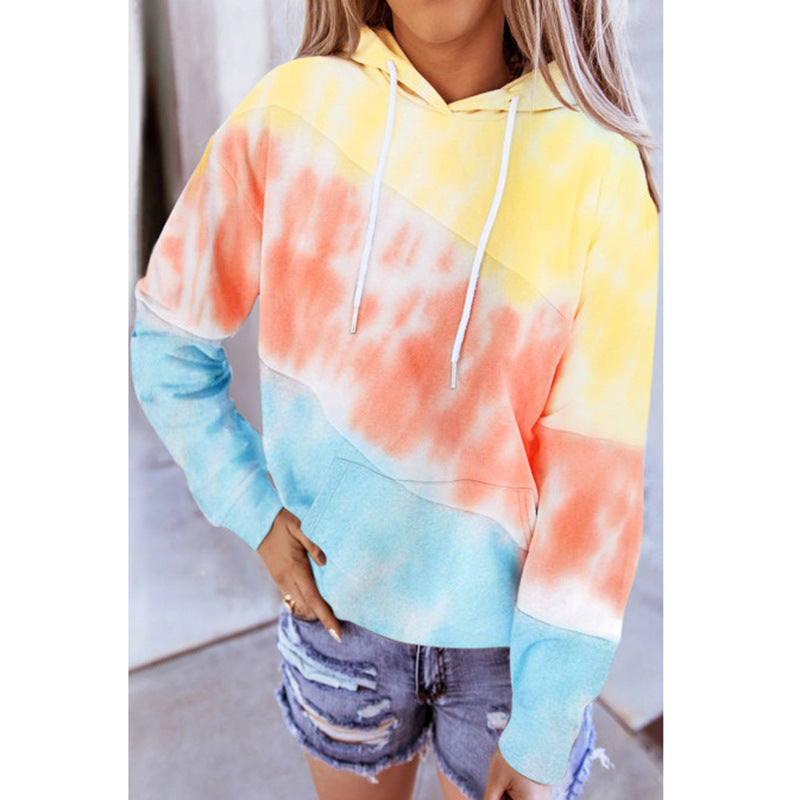 Women Long Sleeve Stitching Hooded Printed Sweatshirt