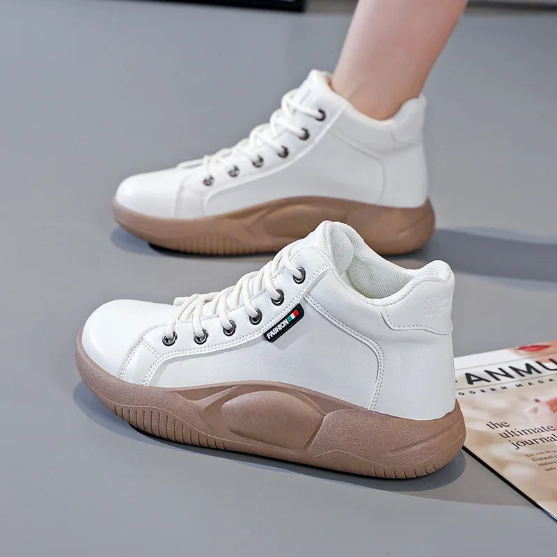 Platform Heels Casual Sport Women Shoes Flats Running Pu Leather Sneakers Woman Autumn New Thick Lace Up Mujer Zapatos 2022 Cozy