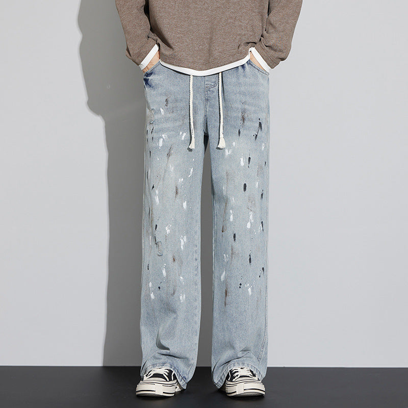 Blue Jeans Men's Graffiti Retro Distressed Ruffle Handsome Pants