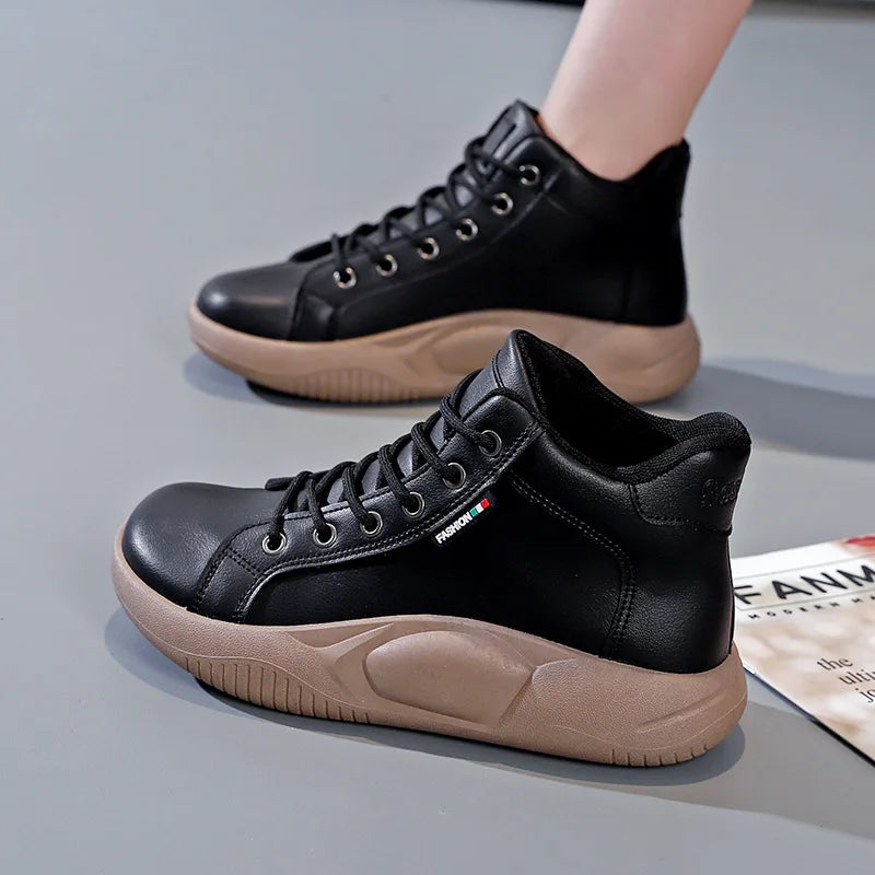 Platform Heels Casual Sport Women Shoes Flats Running Pu Leather Sneakers Woman Autumn New Thick Lace Up Mujer Zapatos 2022 Cozy