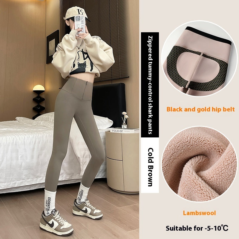 Belly-controlling Butt Lifting Leggings With Three-breasted Design Winter High Waist Slim Zippere Pants Warm Velvet And Thickened Trousers For Women