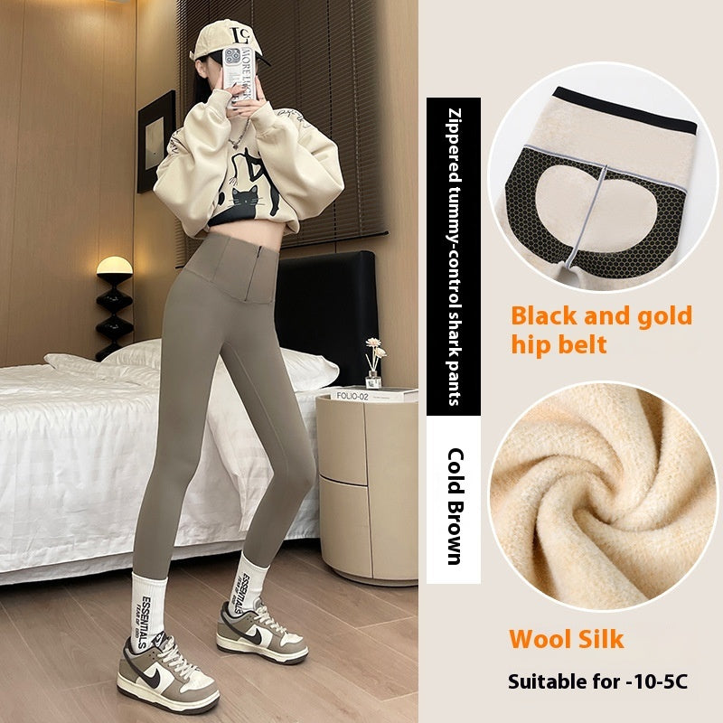 Belly-controlling Butt Lifting Leggings With Three-breasted Design Winter High Waist Slim Zippere Pants Warm Velvet And Thickened Trousers For Women