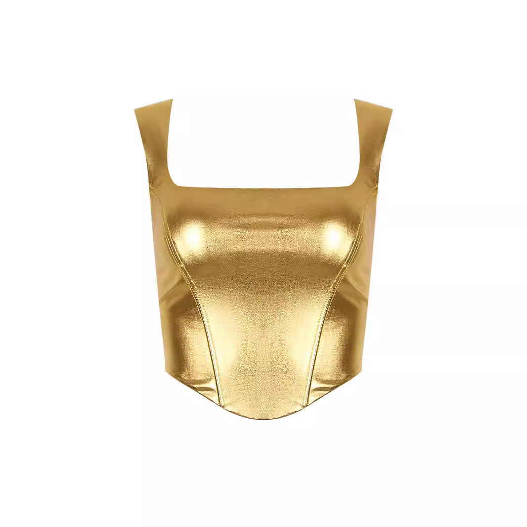 Women's Gold Spaghetti-strap Slim Fishbone Short Top