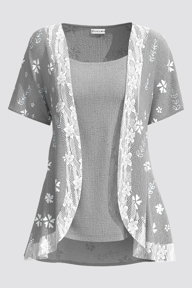 Flycurvy Plus Size Summer Casual Grey Linen Floral Print Lace Stitching Outer Shirt with Vest Two Pieces Blouse