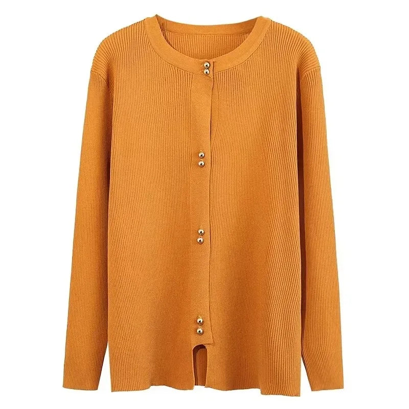 Plus Size Knit Cardigan Female Loose Autumn Winter New Jumpers Copper Buttons Long Sleeve Sweater 6688