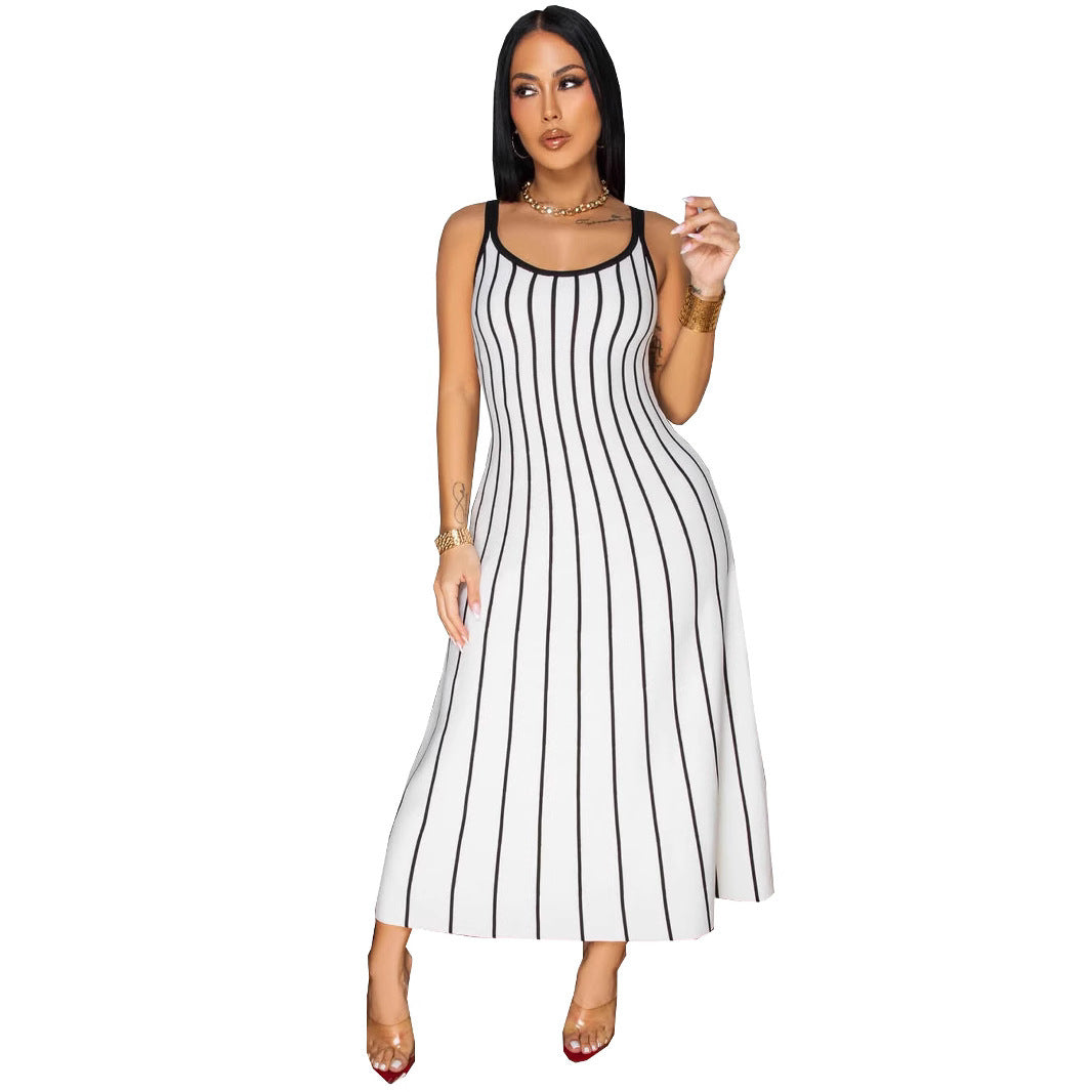 Retro Spaghetti Straps Striped Stitching Dress