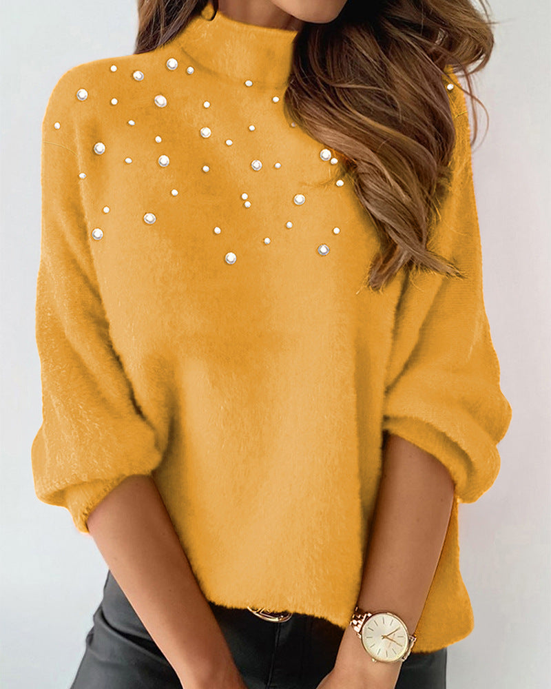 Women's Clothing Beaded Turtleneck Long-sleeved Top