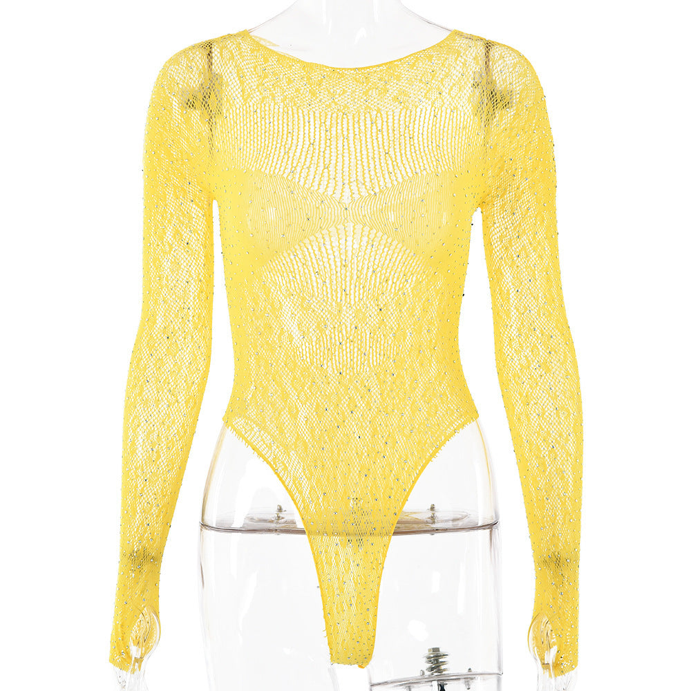 Jumpsuit Tight High Elastic Knitted Sheer Long Sleeve