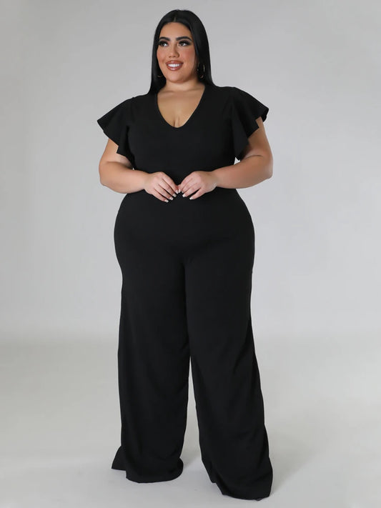 Plus Size Jumpsuits V Neck Short Ruffles High Waist Black White Package Hip Wide Leg Rompers Pants Overalls 4XL One Piece Outfit