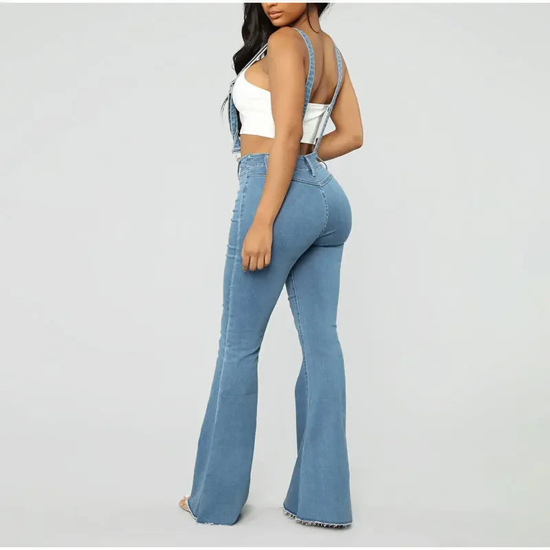 Plus Size Suspender Flare Jeans Jumpsuits 3XL Wide Leg Denim Overalls Vintage Blue Streetwear Bib Pant One Piece Bandage Outfits