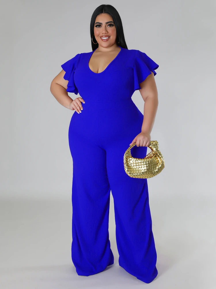Plus Size Jumpsuits V Neck Short Ruffles High Waist Black White Package Hip Wide Leg Rompers Pants Overalls 4XL One Piece Outfit