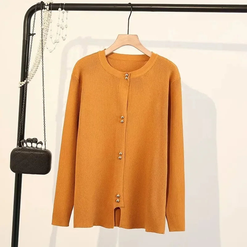 Plus Size Knit Cardigan Female Loose Autumn Winter New Jumpers Copper Buttons Long Sleeve Sweater 6688