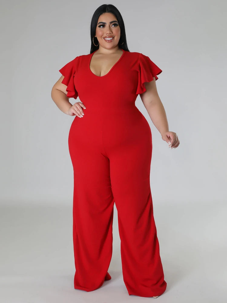 Plus Size Jumpsuits V Neck Short Ruffles High Waist Black White Package Hip Wide Leg Rompers Pants Overalls 4XL One Piece Outfit