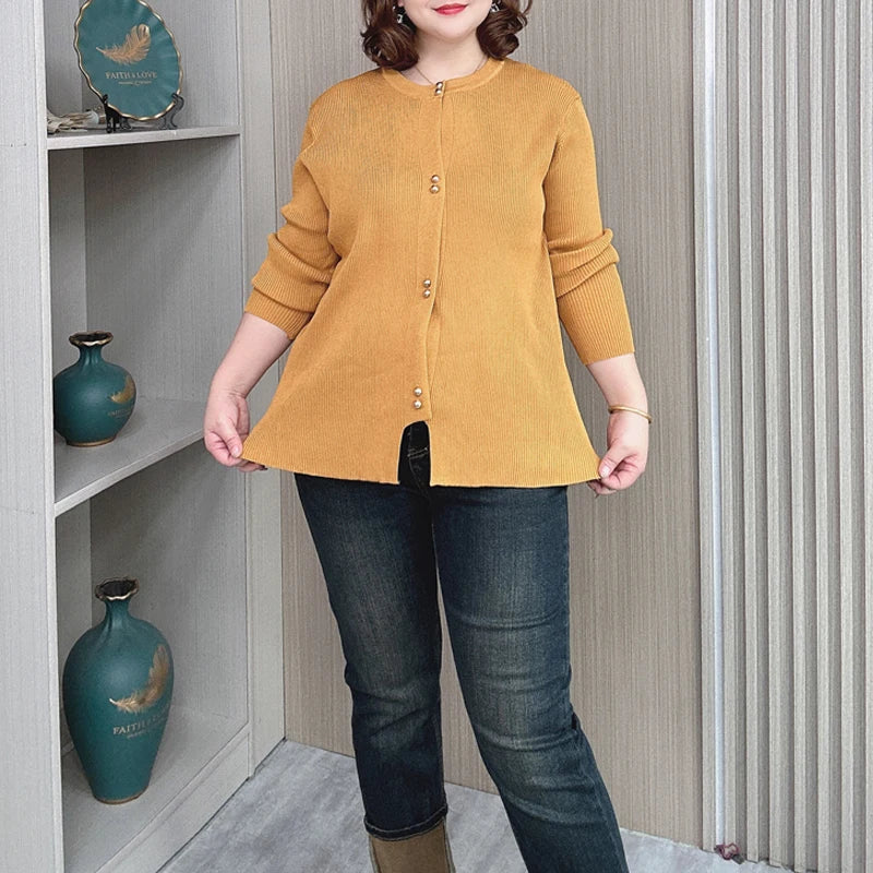 Plus Size Knit Cardigan Female Loose Autumn Winter New Jumpers Copper Buttons Long Sleeve Sweater 6688