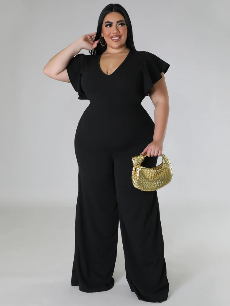 Plus Size Jumpsuits V Neck Short Ruffles High Waist Black White Package Hip Wide Leg Rompers Pants Overalls 4XL One Piece Outfit