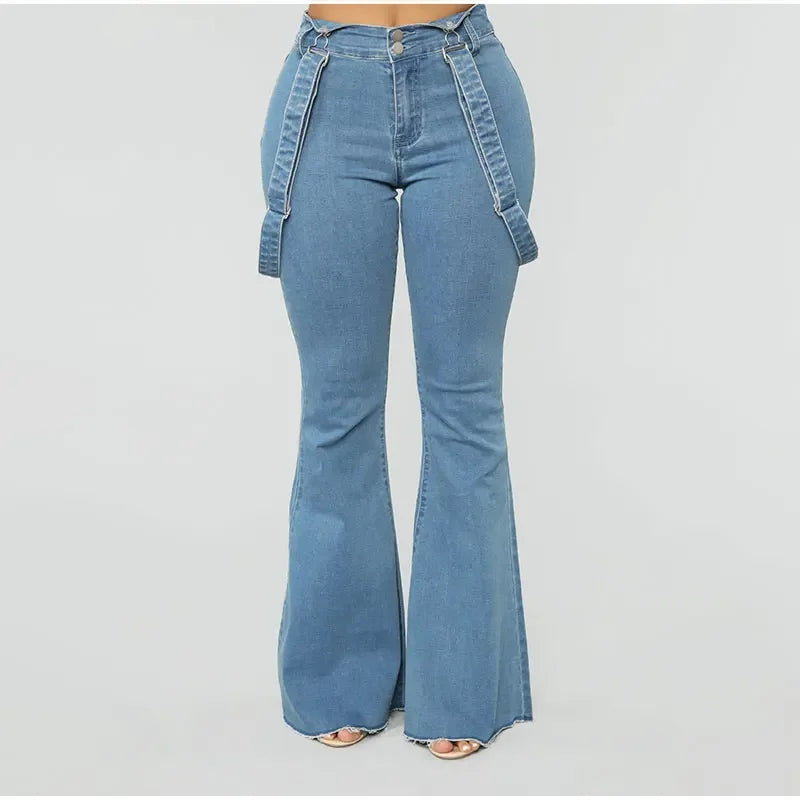 Plus Size Suspender Flare Jeans Jumpsuits 3XL Wide Leg Denim Overalls Vintage Blue Streetwear Bib Pant One Piece Bandage Outfits