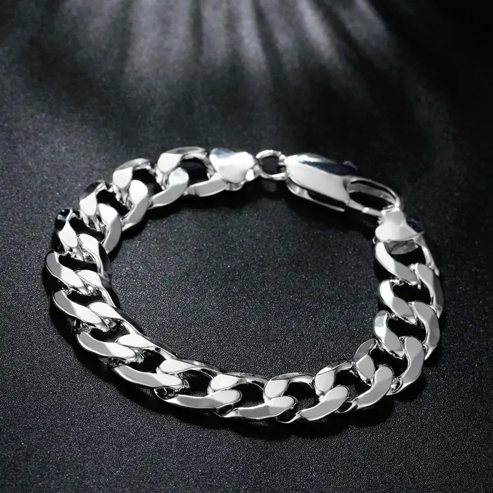 Classic Men 12mm Chain 925 Sterling Silver Bracelets Necklace Jewelry Set 18-30 Inches Charm Fine Fashion Party Wedding Gift