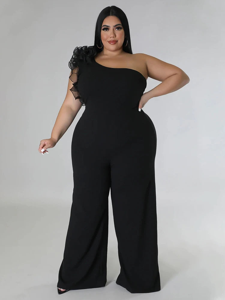 Plus Size Jumpsuits One Shoulder High Waist Ruffles Evening Party Overalls Wide Leg Pants 3XL 4XL One Piece Outfits for Women