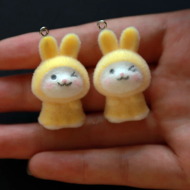 30Pcs 3D Kawaii Flocked Rabbit Charms Cartoon Animal Resin Pendant Earrings Keychains Accessories for DIY Crafts Jewelry Make