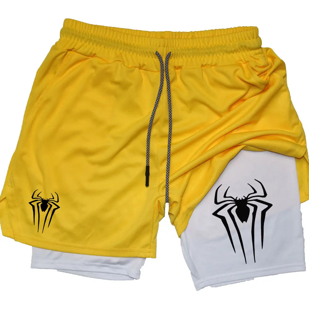 Y2K Performance Shorts Men Spider Printed GYM Casual Sports Compression Shorts Workout Running Mesh 2 In 1 Sport Short Pants