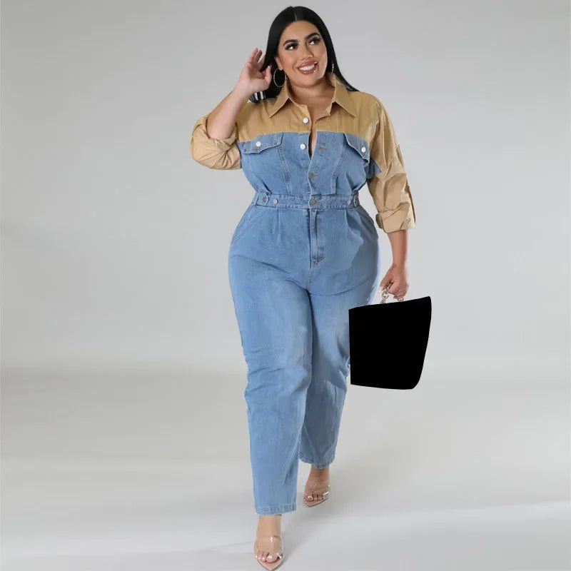 WUHE Patchwork Denim Jumpsuit Plus Size Women Long Sleeve Elegant Packets One Piece Overall Jeans Romper Casual Street Outfit