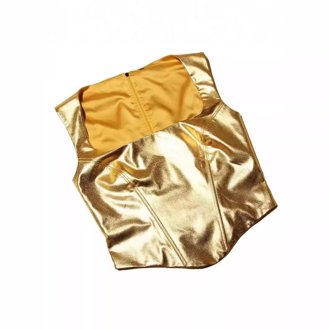 Women's Gold Spaghetti-strap Slim Fishbone Short Top