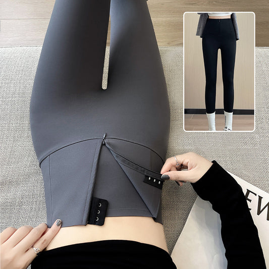 Belly-controlling Butt Lifting Leggings With Three-breasted Design Winter High Waist Slim Zippere Pants Warm Velvet And Thickened Trousers For Women