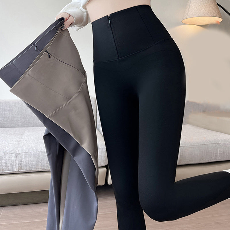 Belly-controlling Butt Lifting Leggings With Three-breasted Design Winter High Waist Slim Zippere Pants Warm Velvet And Thickened Trousers For Women