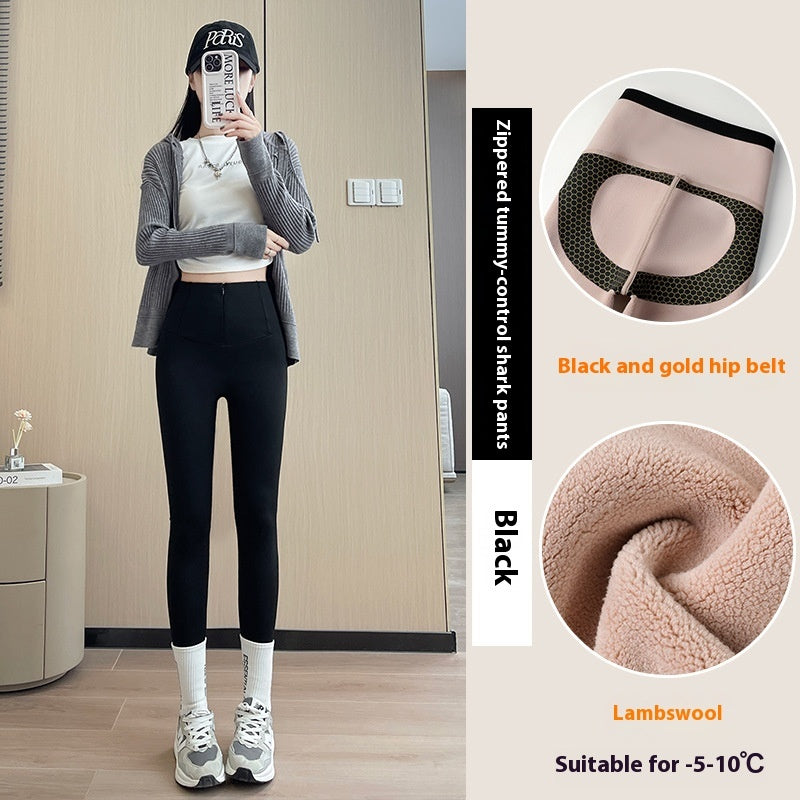 Belly-controlling Butt Lifting Leggings With Three-breasted Design Winter High Waist Slim Zippere Pants Warm Velvet And Thickened Trousers For Women