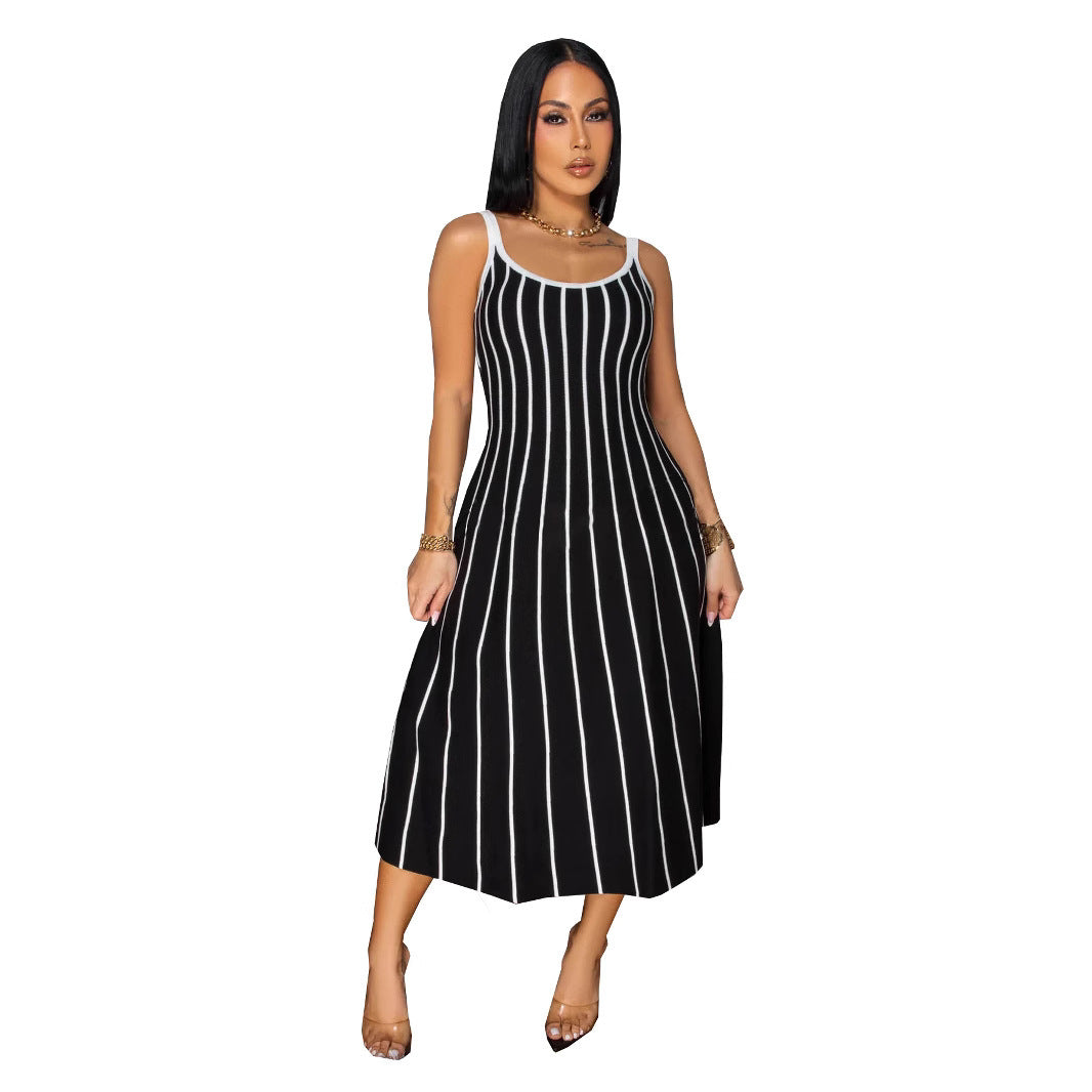 Retro Spaghetti Straps Striped Stitching Dress