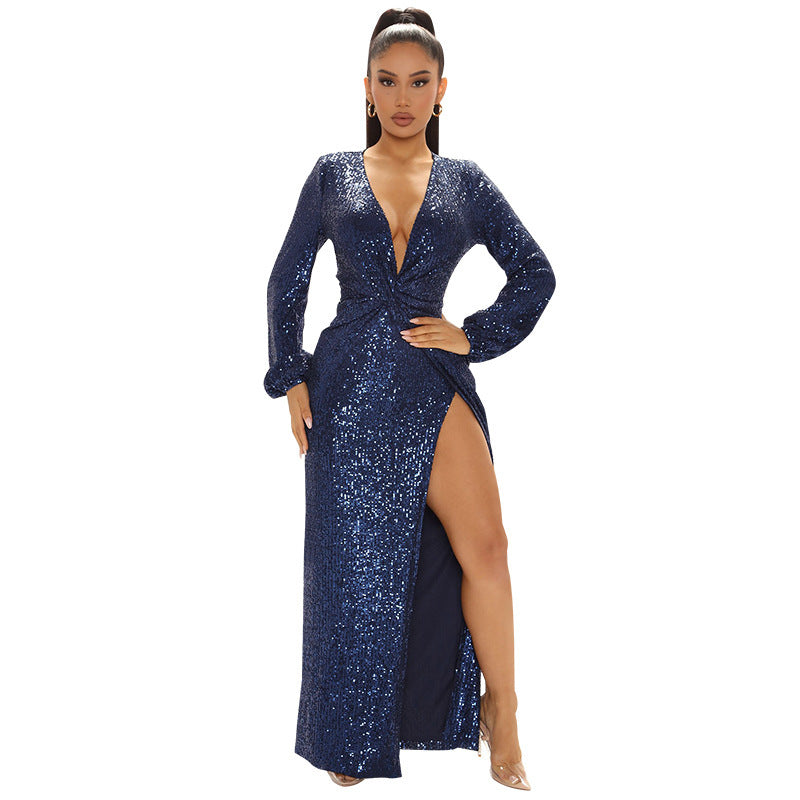 Spring New Embroidered Sequin Sexy Long Sleeve Dress